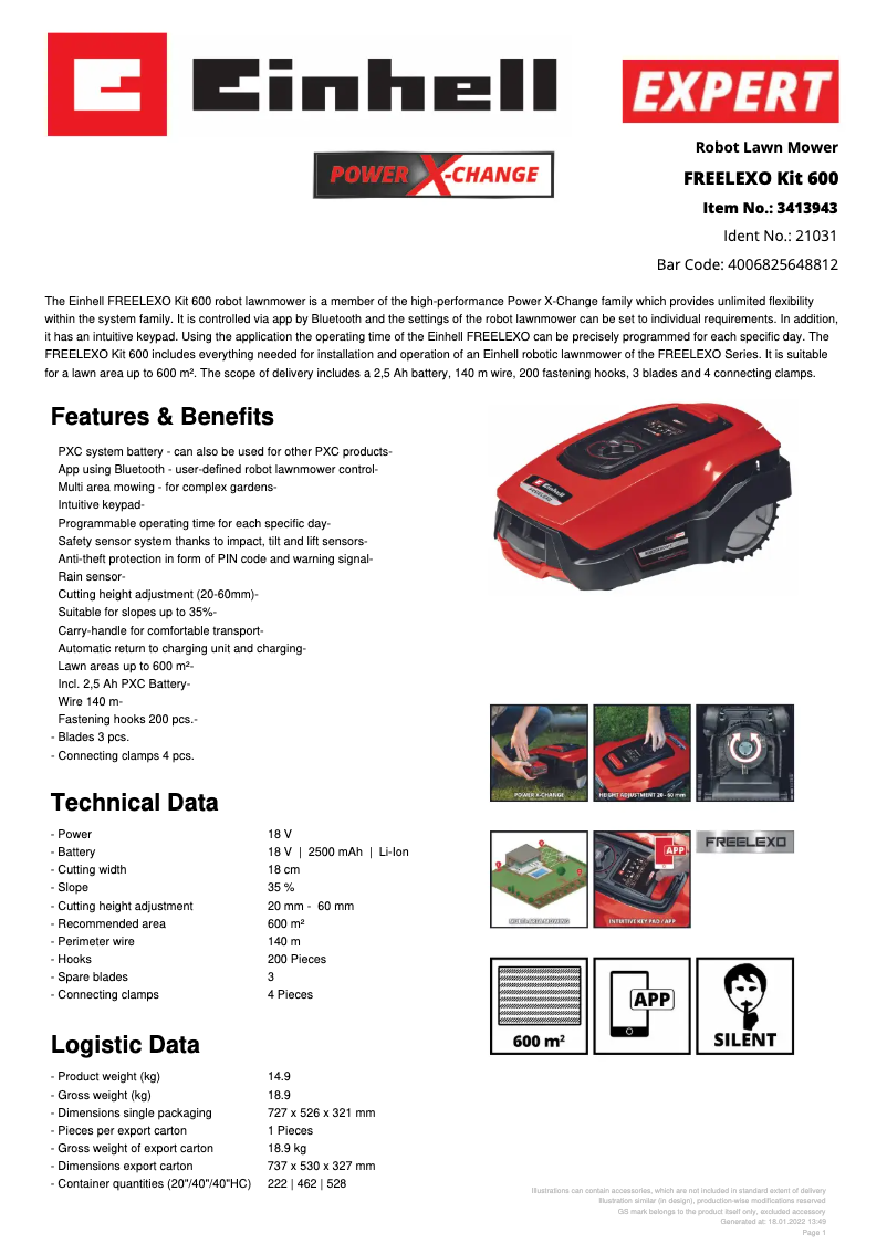 Page 1 of the manual Technical Sheet Einhell FREELEXO Kit 600