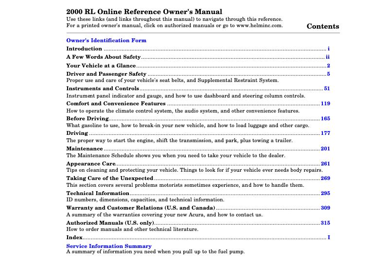 Page 1 of the manual User Manual Honda RL (2000)