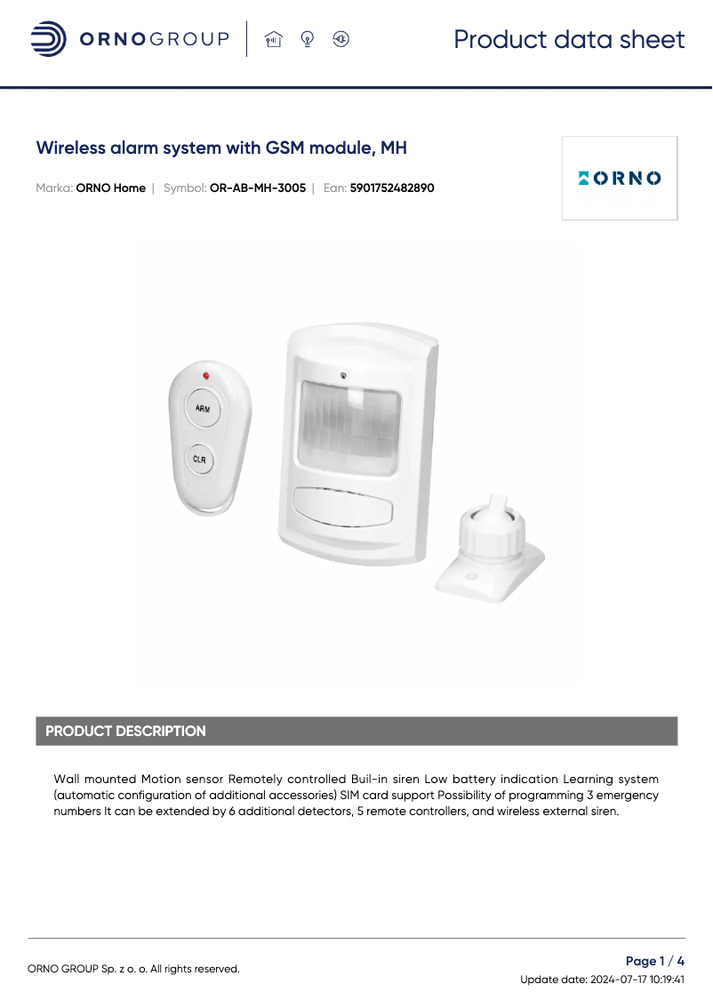 Page 1 of the manual Technical Sheet ORNO OR-AB-MH-3005