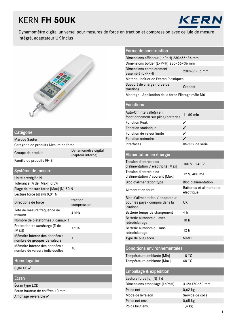 Page 1 of the manual Technical Sheet Kern FH 50UK