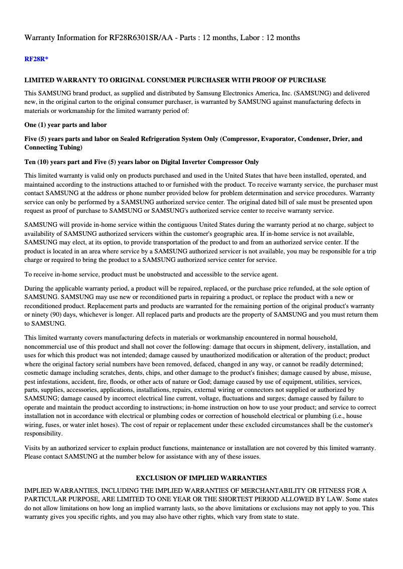 Page 1 of the manual Warranty Information Samsung RF28R6301SG