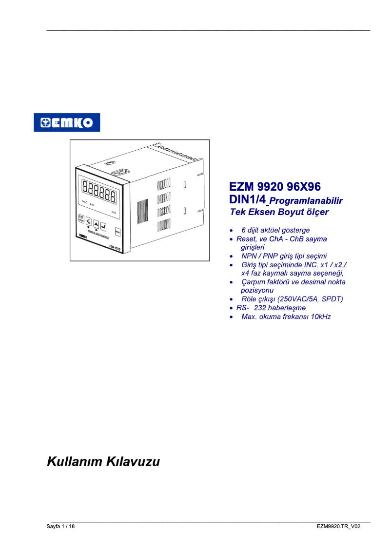 Page 1 of the manual User Manual Emko EZM-9920