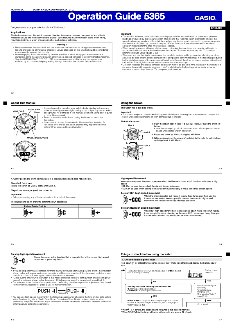 Page 1 of the manual User Manual Casio Pro Trek PRW-6000-1ER