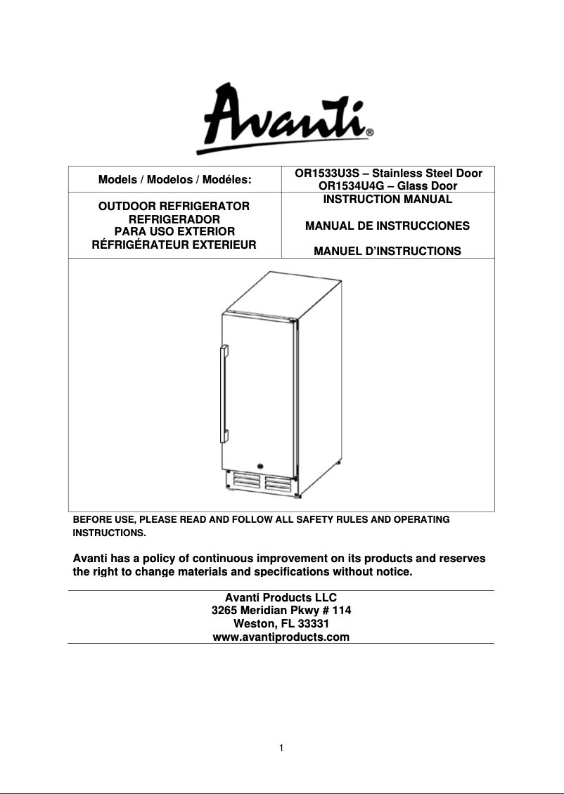 Page 1 of the manual User Manual Avanti OR1533U3S