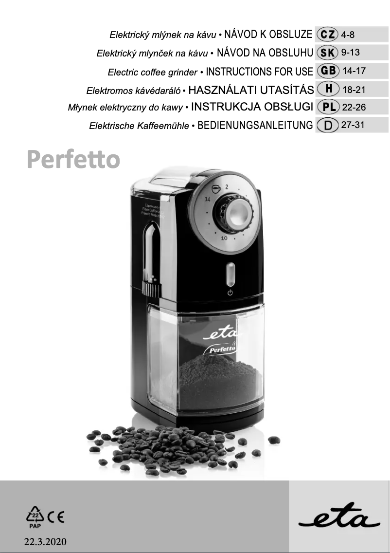 Page 1 of the manual User Manual Eta Perfetto 0068 90000