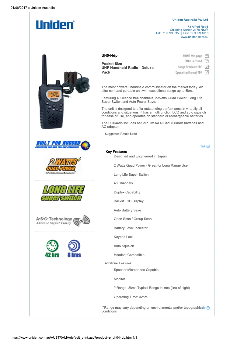 Page 1 of the manual User Manual Uniden UH044DP