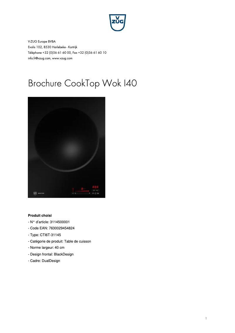Page 1 of the manual Brochure V-Zug CookTop Wok I40