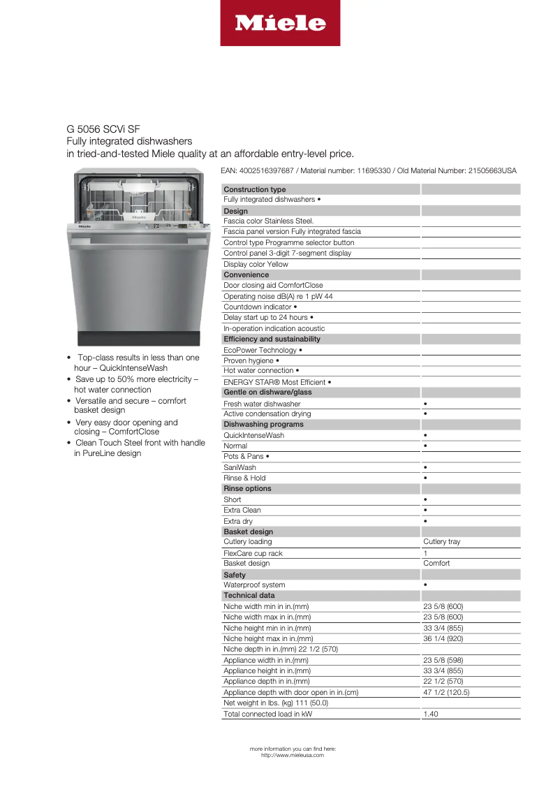 Page 1 of the manual Technical Sheet Miele G 5056 SCVi SF
