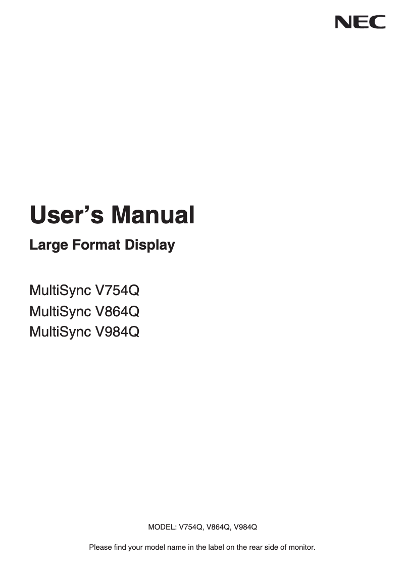 First page image of the manual for MultiSync V864Q