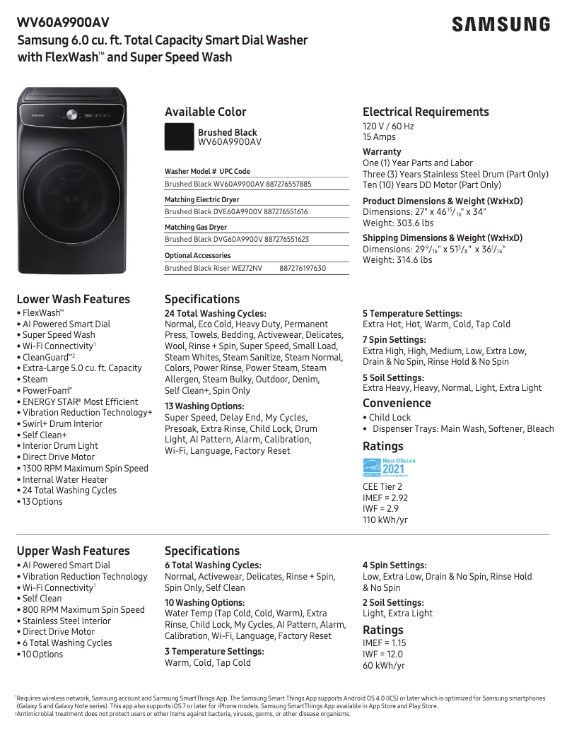 Page 1 of the manual Technical Sheet Samsung WV60A9900AV