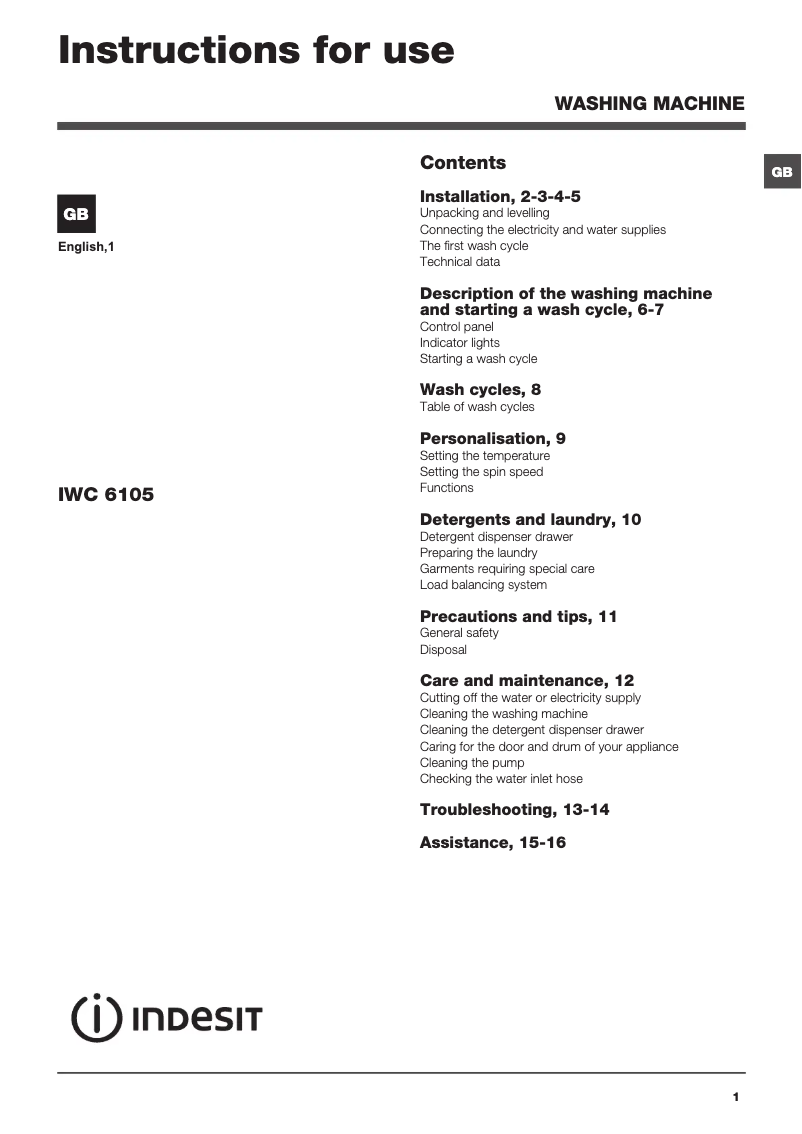 Page 1 of the manual User Manual Indesit IWC 6105 S