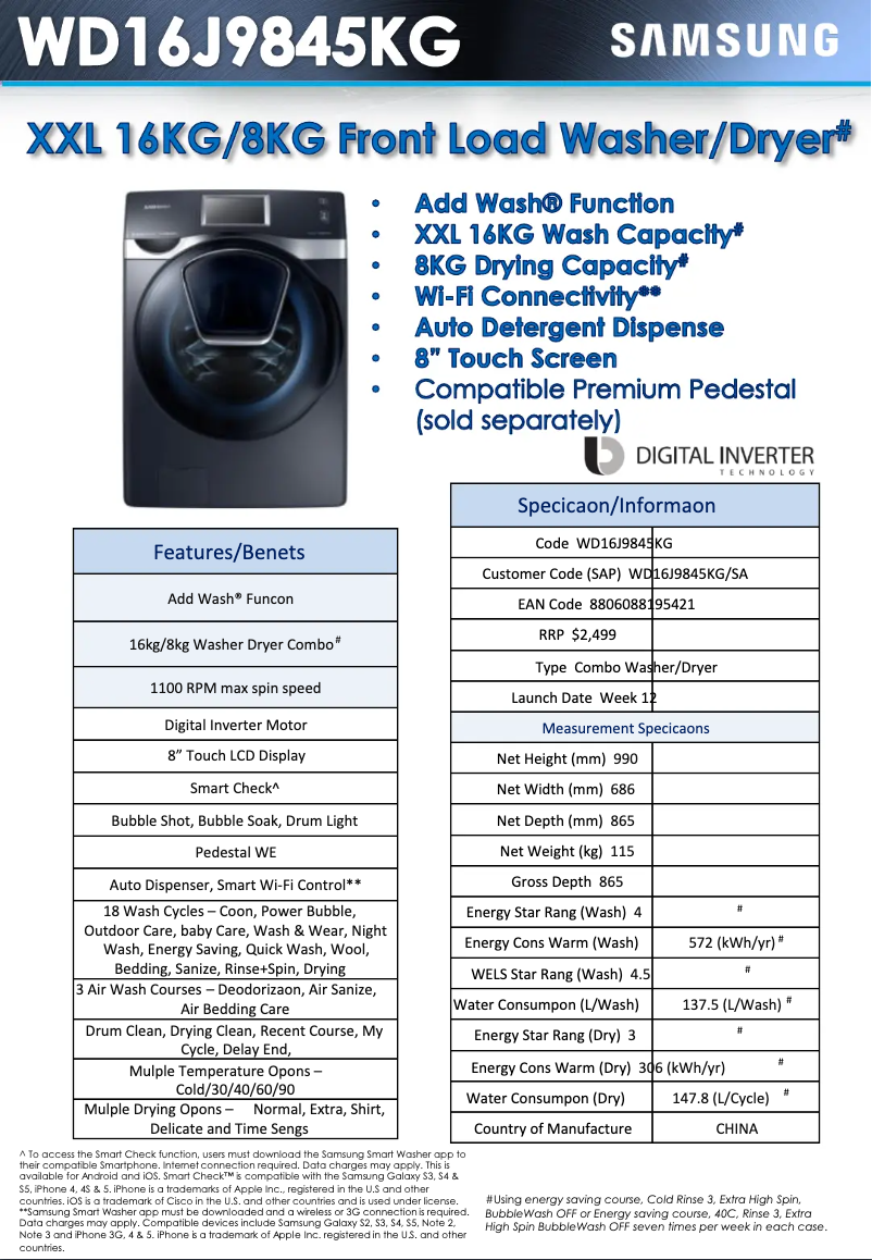 Page 1 of the manual Technical Sheet Samsung WD16J9845KG