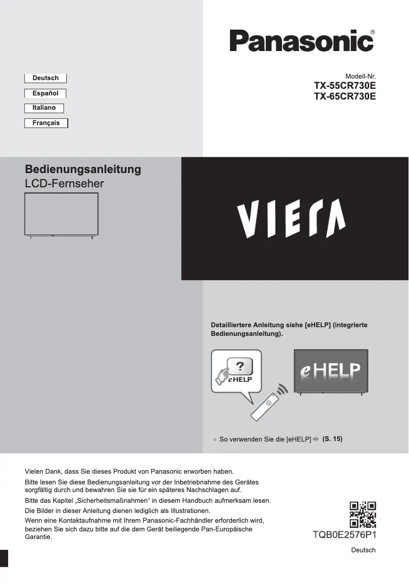 Page 1 of the manual Quick Start Guide Panasonic Viera TX-65CR730E