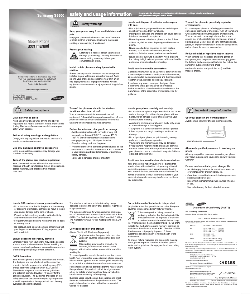 Page 1 of the manual User Manual Samsung GT-S3600