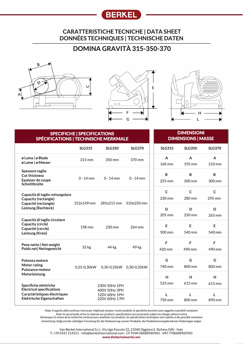 Page 1 of the manual Technical Sheet Berkel Domina Gravitá SLG350