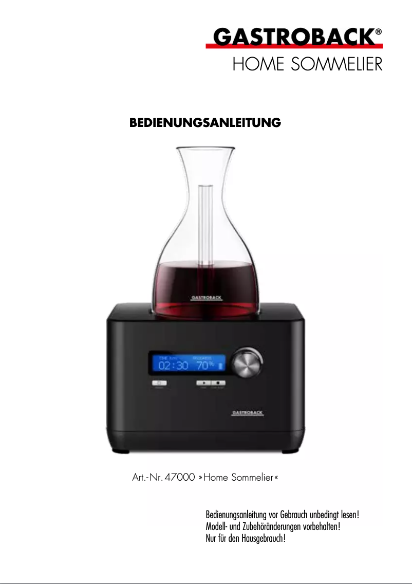 First page image of the manual for Home Sommelier 47000