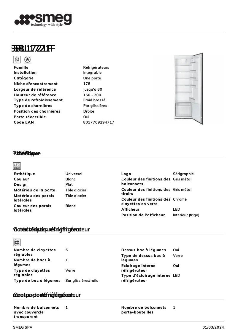 Page 1 of the manual Technical Sheet Smeg S8L1721F