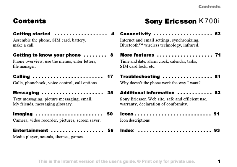 First page image of the manual for Ericsson K700i