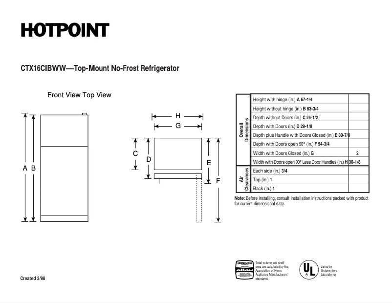 Page 1 of the manual Technical Sheet Hotpoint CTX16CIBLWW