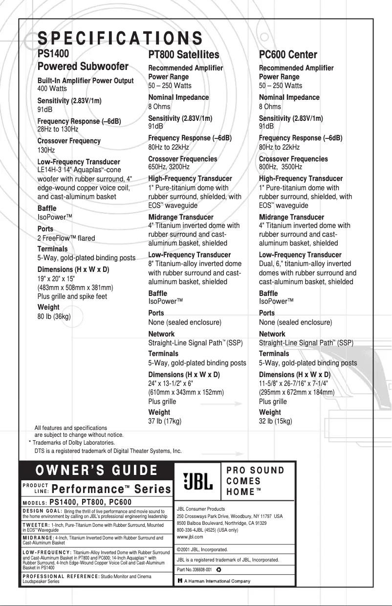 Page 1 of the manual User Manual JBL Performance PC600