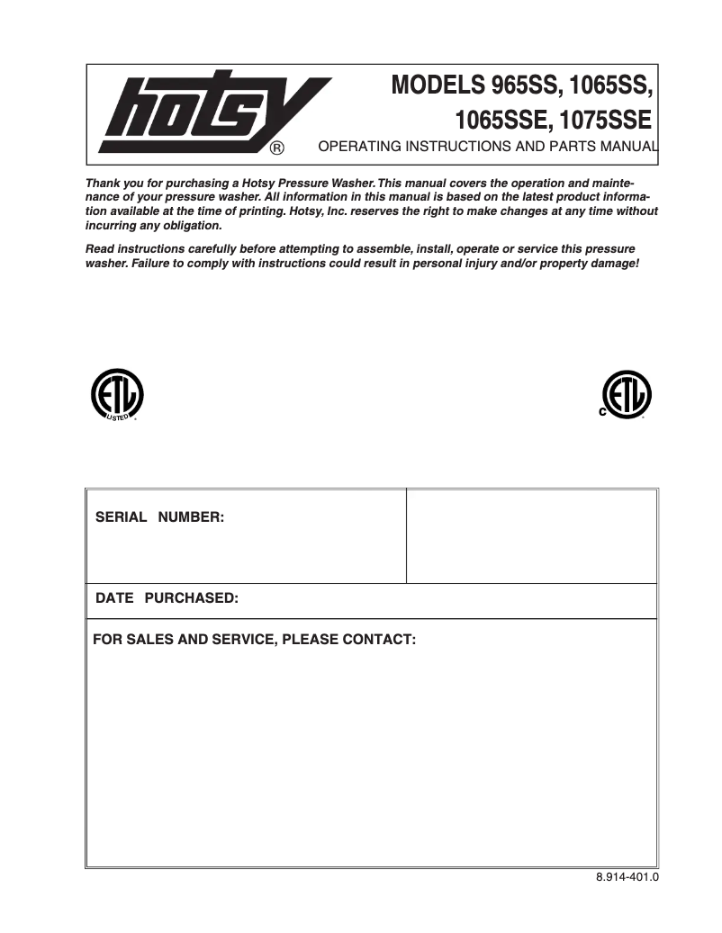 Page 1 of the manual User Manual Hotsy 1075SSE