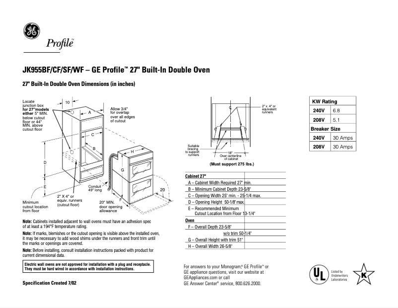 Page 1 of the manual Technical Sheet GE JK955SFSS