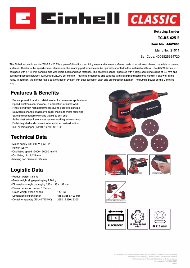 Page 1 of the manual Technical Sheet Einhell TC-RS 425 E