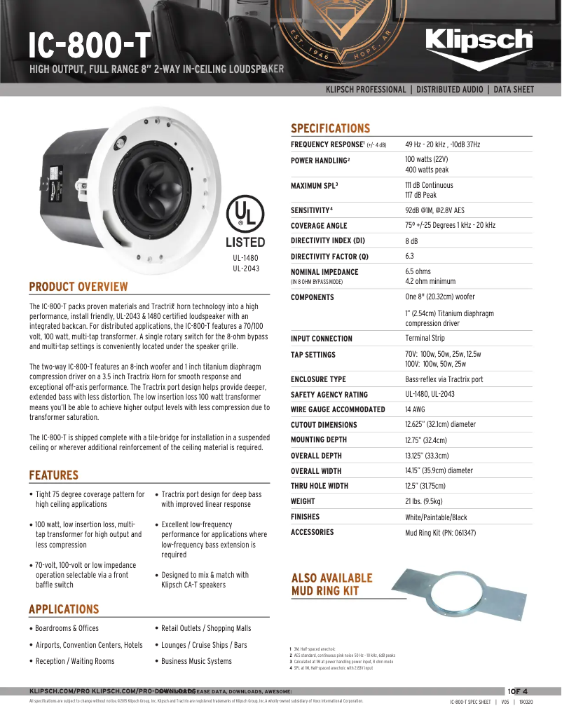Page 1 of the manual Technical Sheet Klipsch IC-800-T