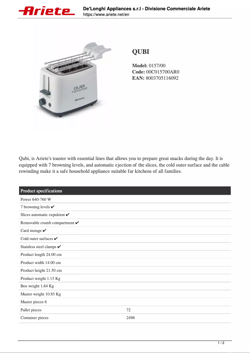 First page image of the manual for Qubi 0157