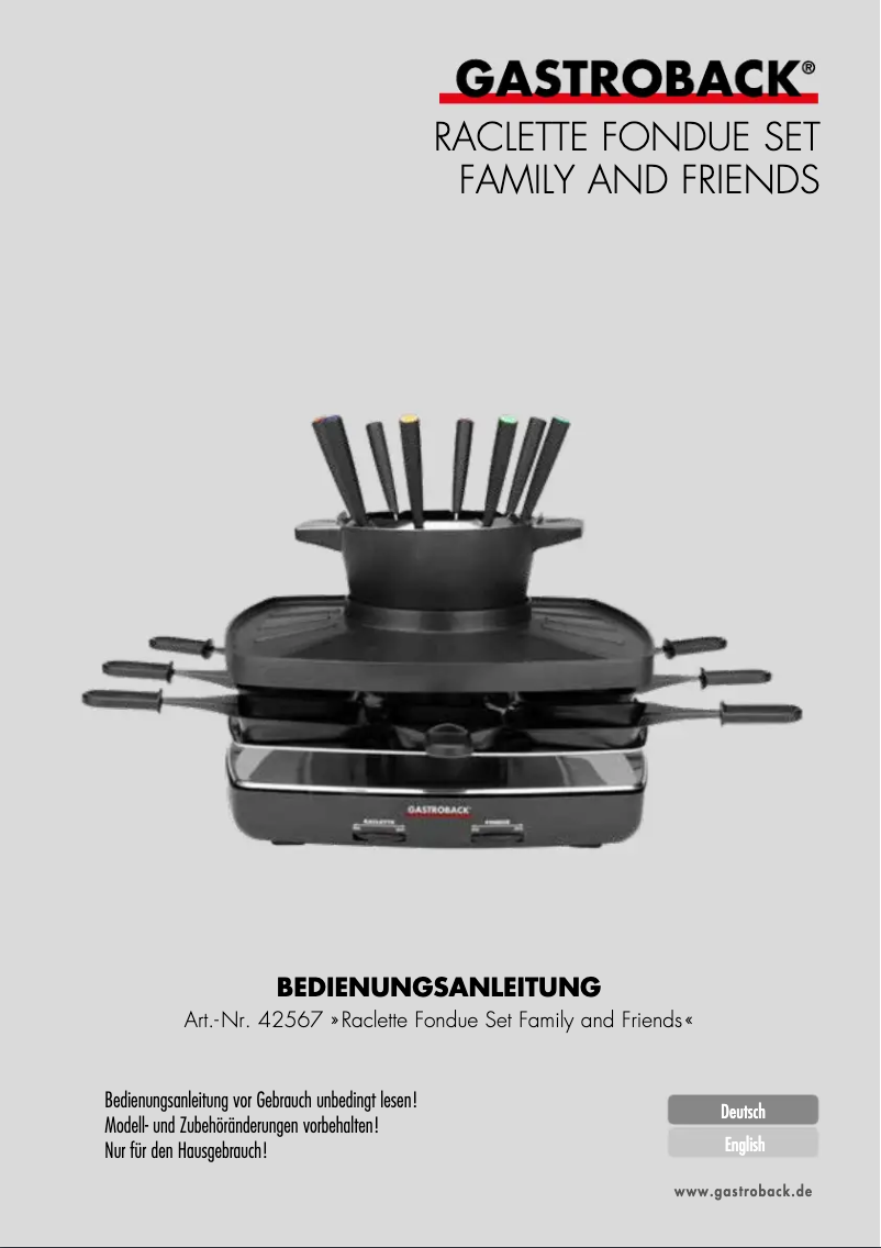 Page 1 of the manual User Manual Gastroback Raclette Fondue Set Family & Friends 42567