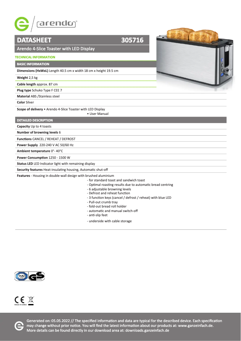 Page 1 of the manual Technical Sheet Arendo Manana 305716
