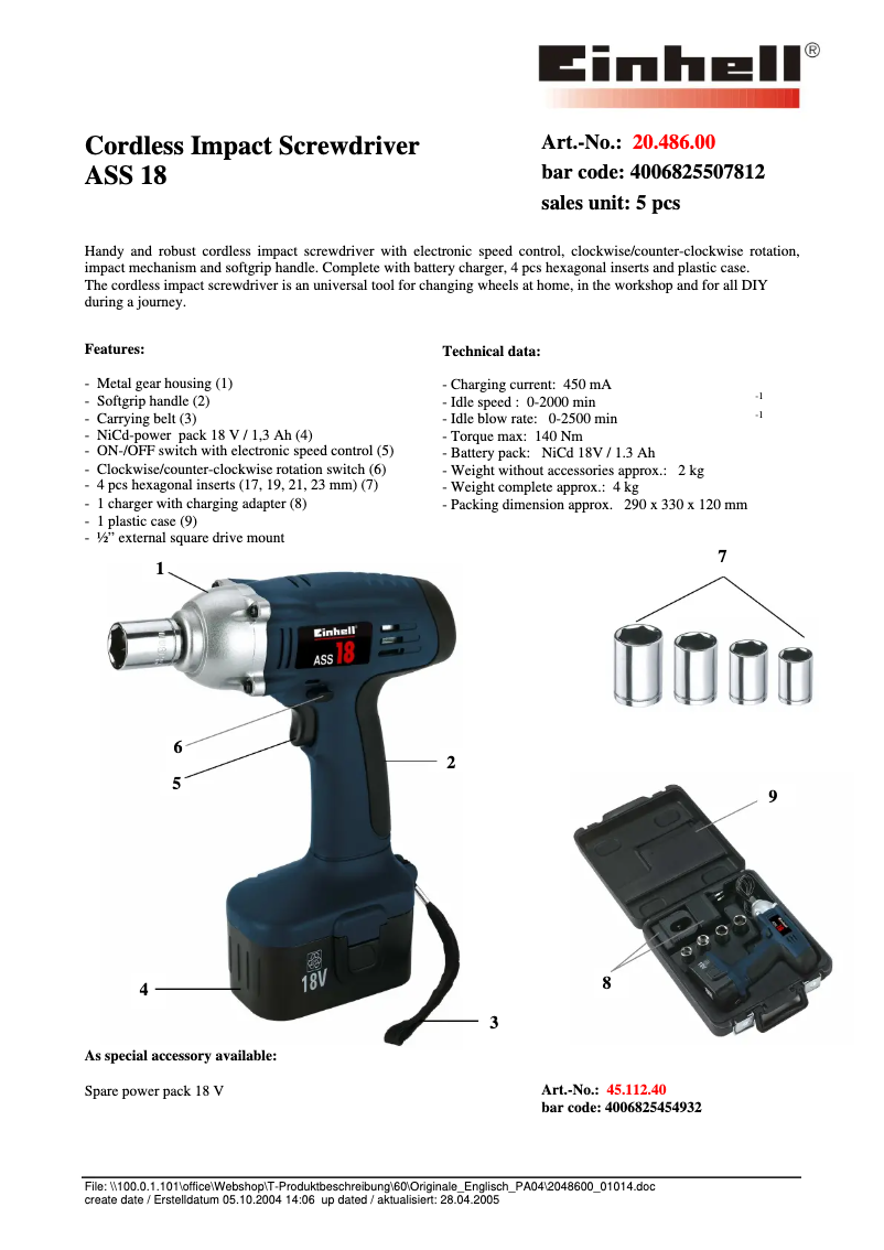 Page 1 of the manual Technical Sheet Einhell ASS 18