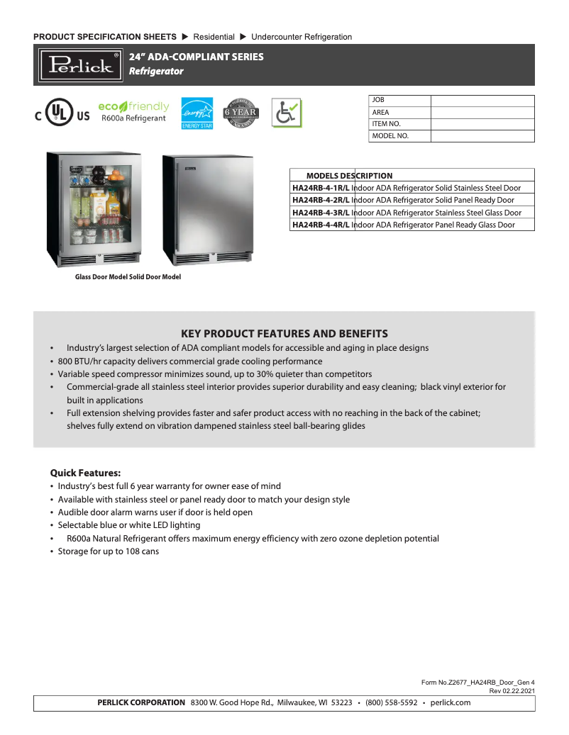 Page 1 of the manual Technical Sheet Perlick HA24RB-4-4R