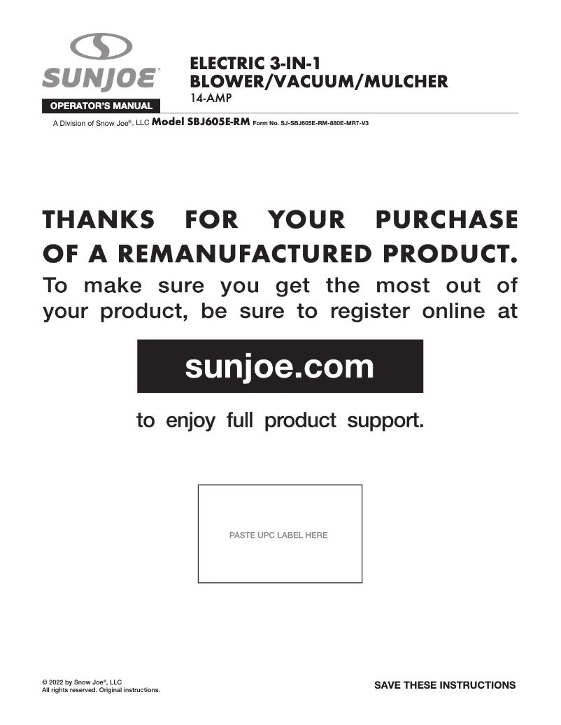 Page 1 of the manual User Manual Sun Joe SBJ605E-RM