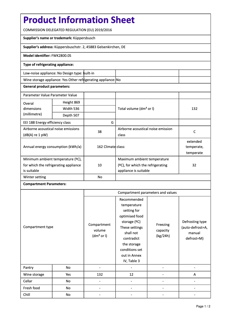 Page 1 of the manual Technical Sheet Küppersbusch FWK2800.0S
