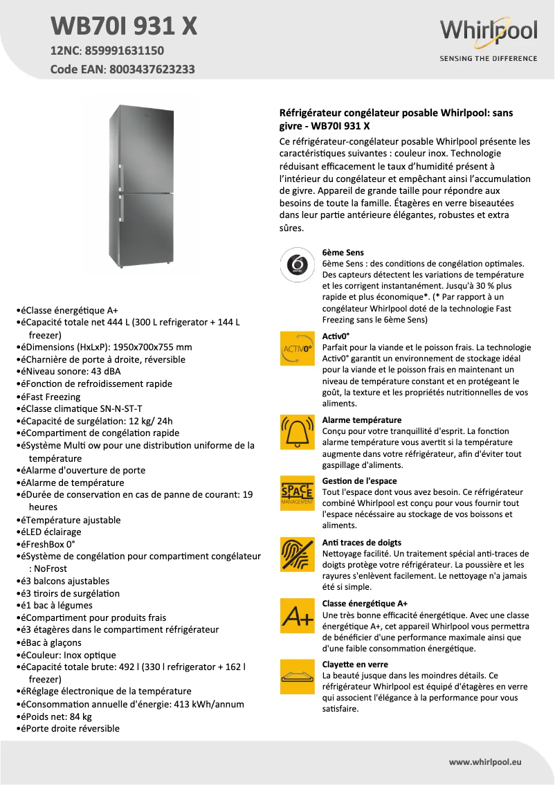 Page 1 of the manual Technical Sheet Whirlpool WB70I 931 X