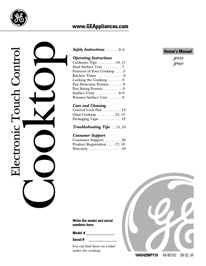 Page 1 of the manual Use and Maintenance Manual GE Profile JP969CHCC