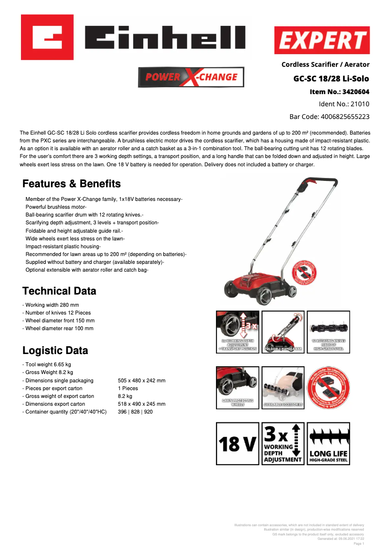 Page 1 of the manual Technical Sheet Einhell GC-SC 18/28 Li-Solo