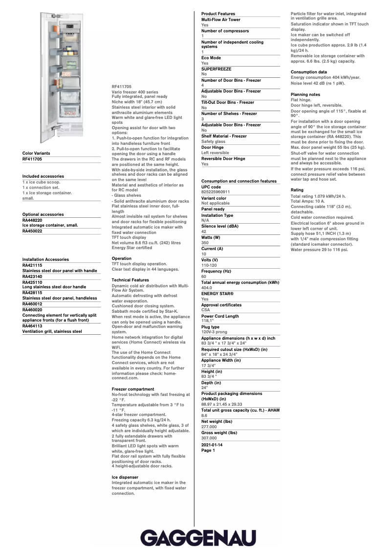 Page 1 de la notice Fiche technique Gaggenau RF411705