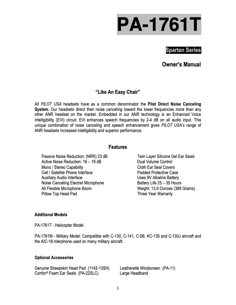 First page image of the manual for PA-1761TH