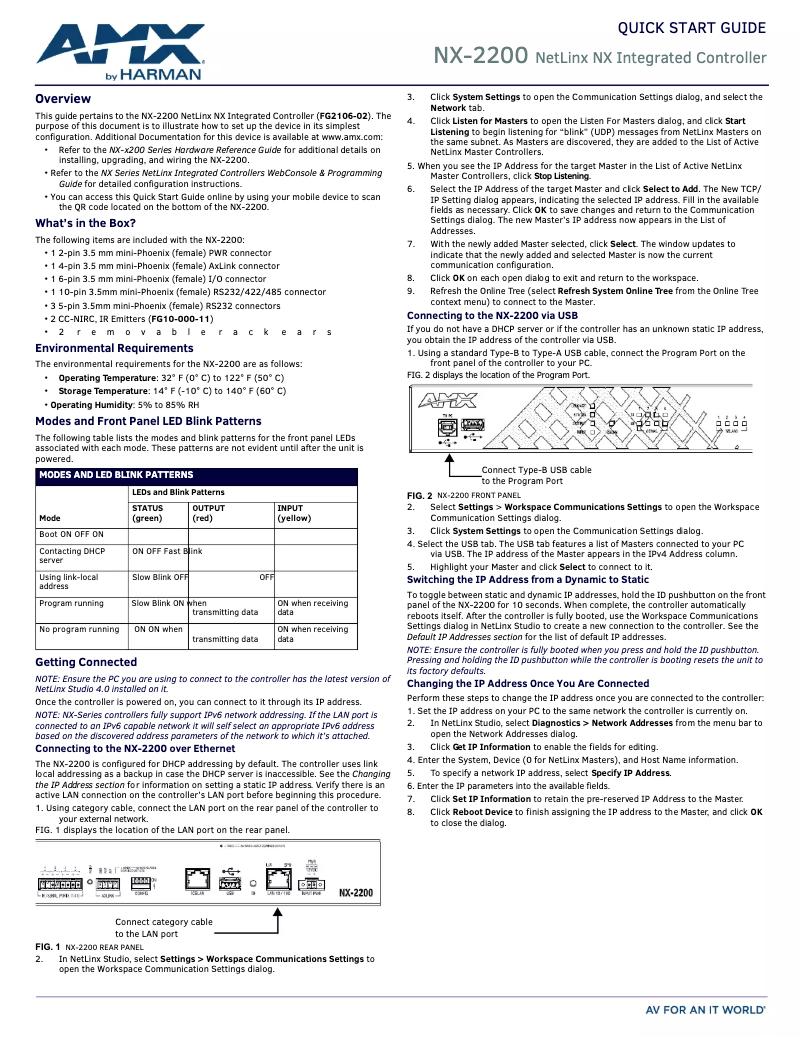 Page 1 of the manual Quick Start Guide AMX NetLinx NX-2200