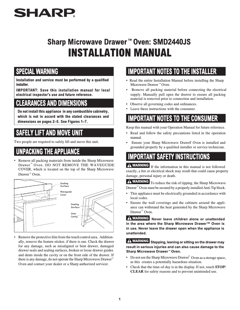 Page 1 of the manual Installation Guide Sharp SMD2440JS