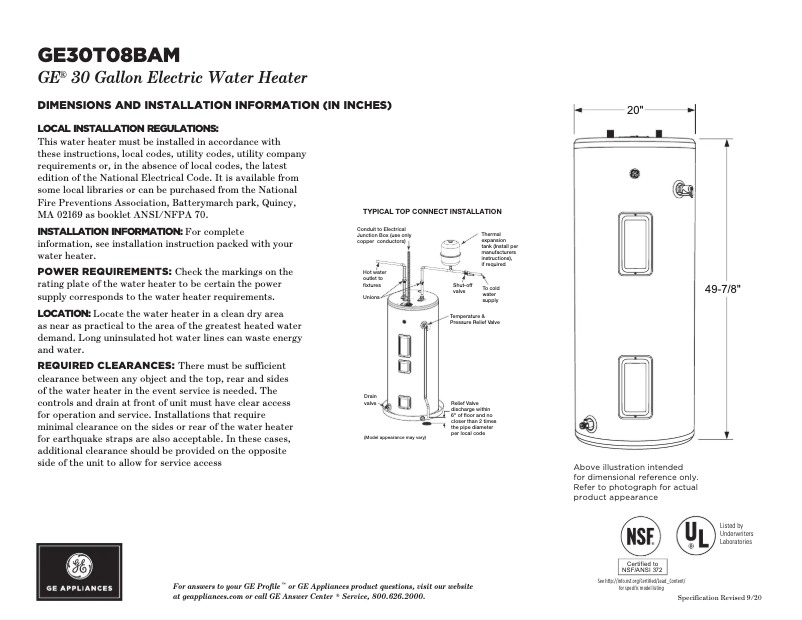 Page 1 of the manual Technical Sheet GE GE30T08BAM