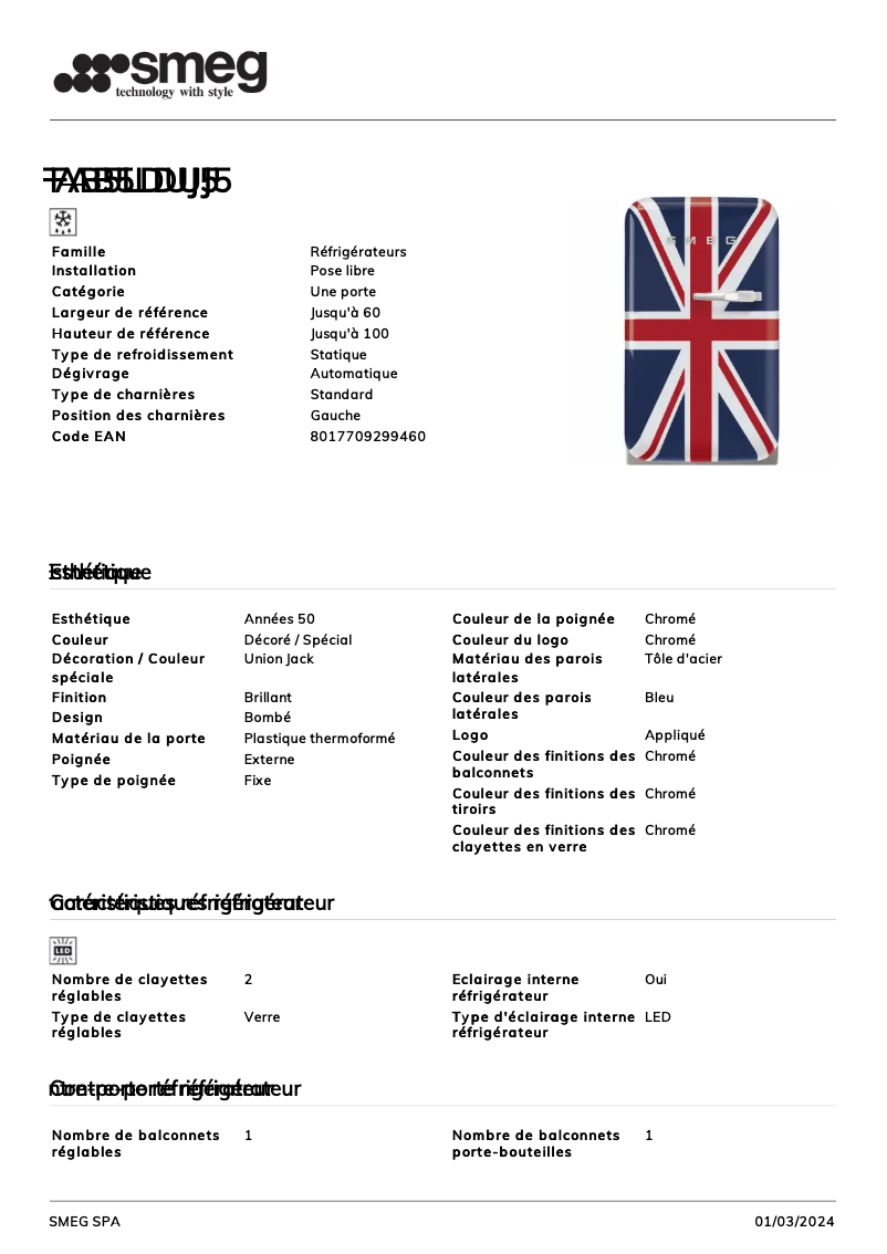 Page 1 of the manual Technical Sheet Smeg FAB5LDUJ5