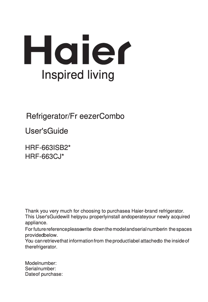 First page image of the manual for HRF-663CJB