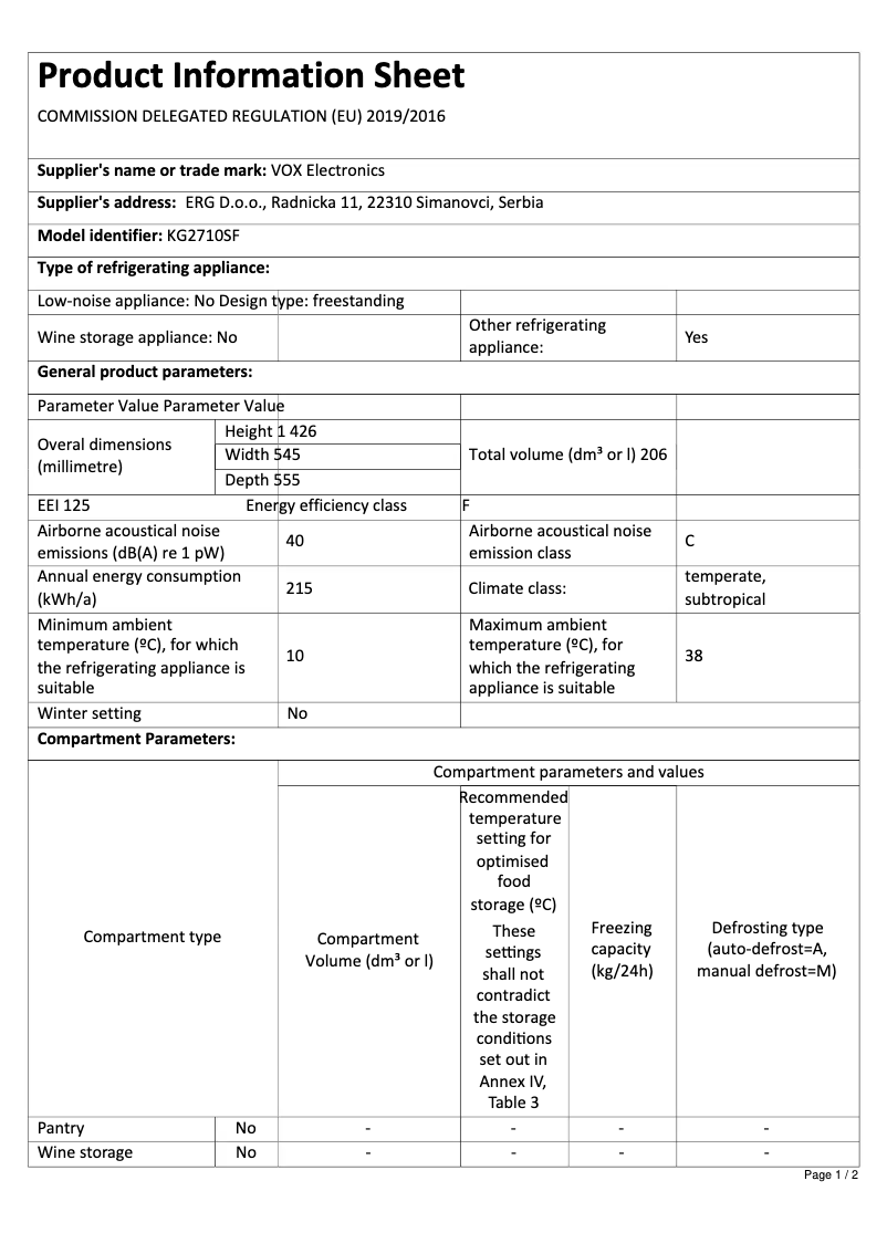 First page image of the manual for KG 2710 SF