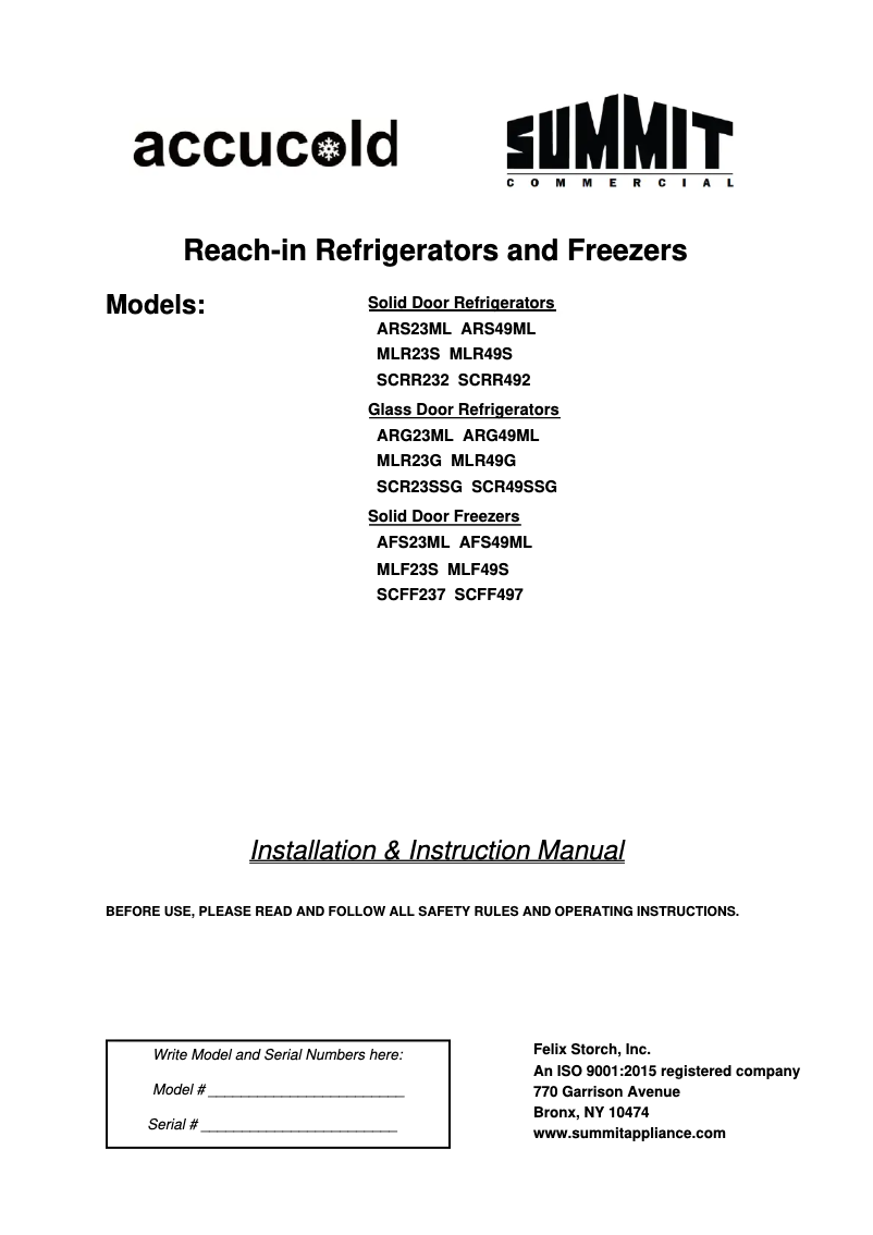 First page image of the manual for ARG23ML