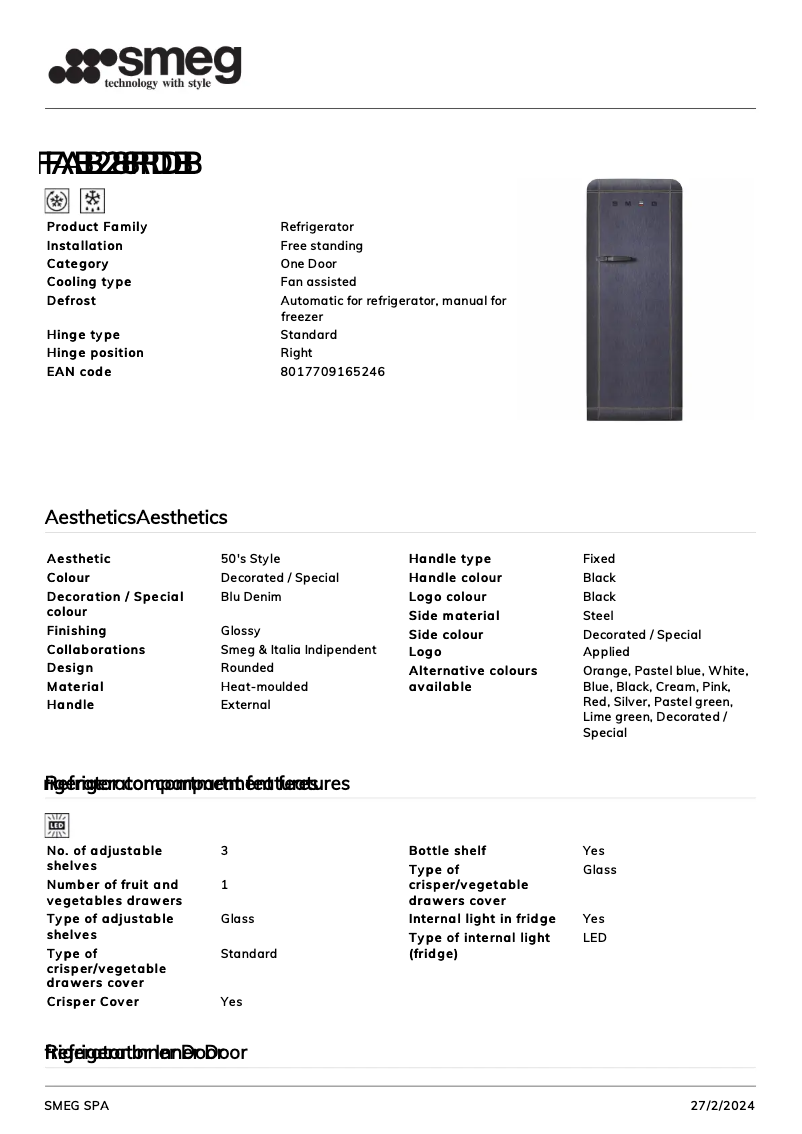 Page 1 of the manual Technical Sheet Smeg FAB28RDB