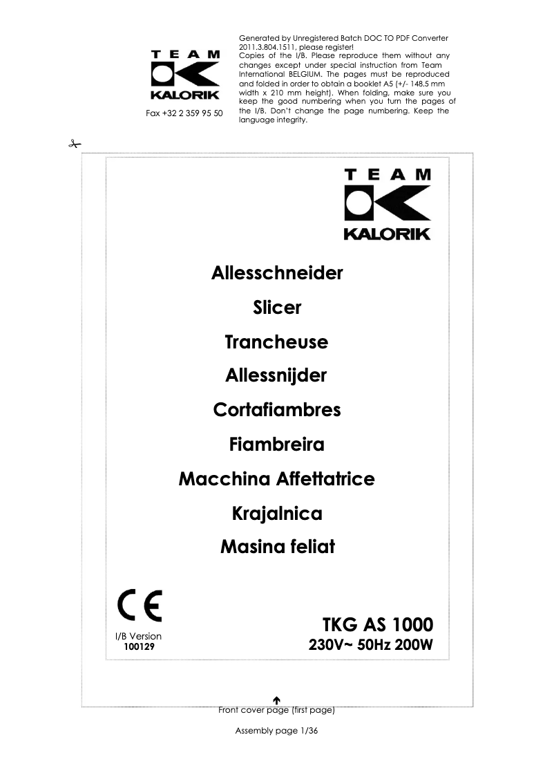 First page image of the manual for TKG AS 1000
