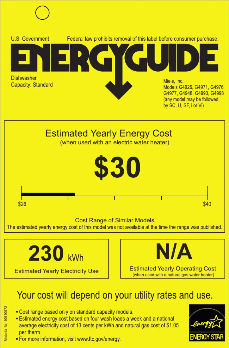 Page 1 of the manual Energy Label Miele G 4998 SCVI SF
